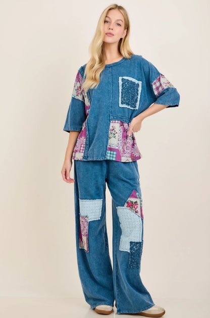 Mineral Washed Patchwork Wide Leg Pants | Slate Blue Boho Pull-On Pants