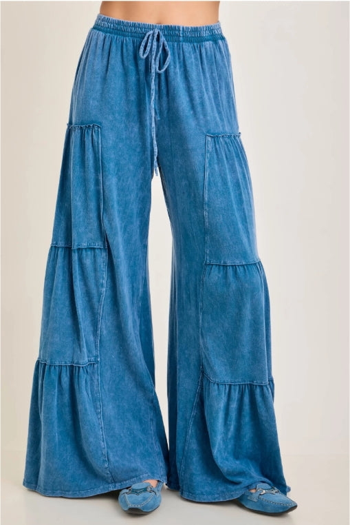 Slate Blue Mineral Wash Tiered Wide Leg Pants | Flowy Pull-On Boutique Pants