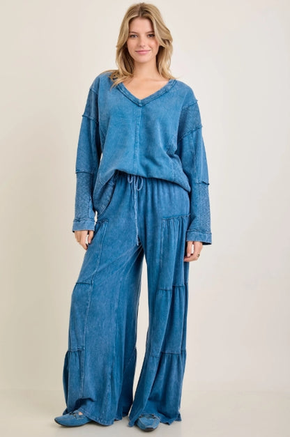 Slate Blue Mineral Wash Tiered Wide Leg Pants | Flowy Pull-On Boutique Pants