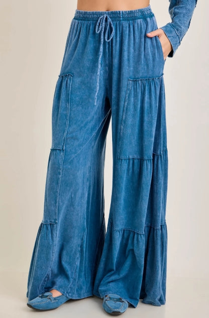 Slate Blue Mineral Wash Tiered Wide Leg Pants | Flowy Pull-On Boutique Pants