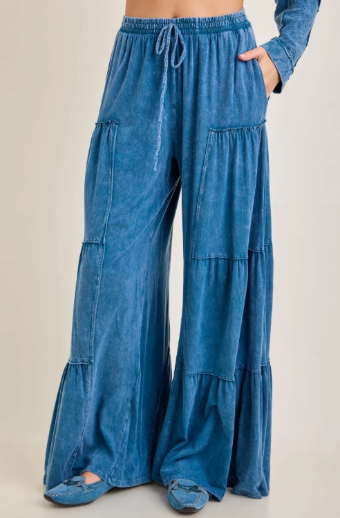 Slate Blue Mineral Wash Tiered Wide Leg Pants | Flowy Pull-On Boutique Pants