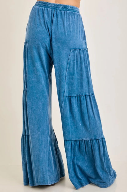 Slate Blue Mineral Wash Tiered Wide Leg Pants | Flowy Pull-On Boutique Pants