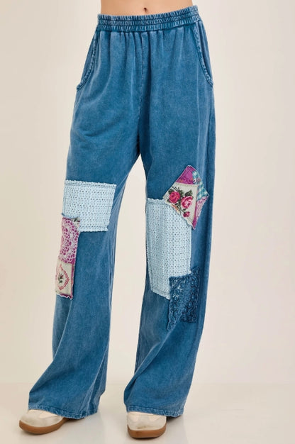 Mineral Washed Patchwork Wide Leg Pants | Slate Blue Boho Pull-On Pants