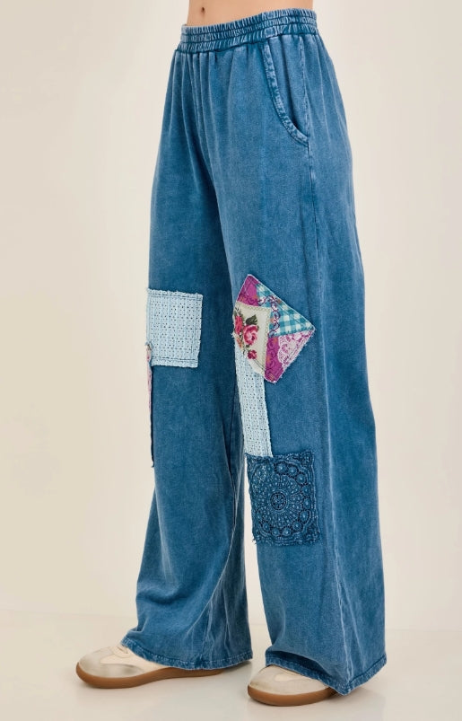 Mineral Washed Patchwork Wide Leg Pants | Slate Blue Boho Pull-On Pants