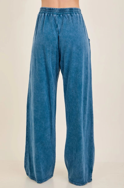 Mineral Washed Patchwork Wide Leg Pants | Slate Blue Boho Pull-On Pants