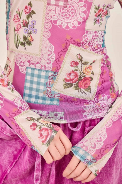 Magenta Multi Patchwork Mesh Top | Floral Lace Long Sleeve Boutique Top