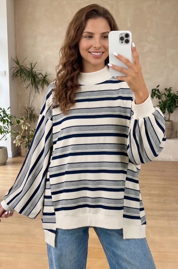 ~PREORDER ~ Blue Stripe Mock Neck Bubble Sleeve Sweatshirt ~PREORDER ~
