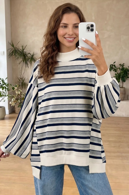 ~PREORDER ~ Blue Stripe Mock Neck Bubble Sleeve Sweatshirt ~PREORDER ~