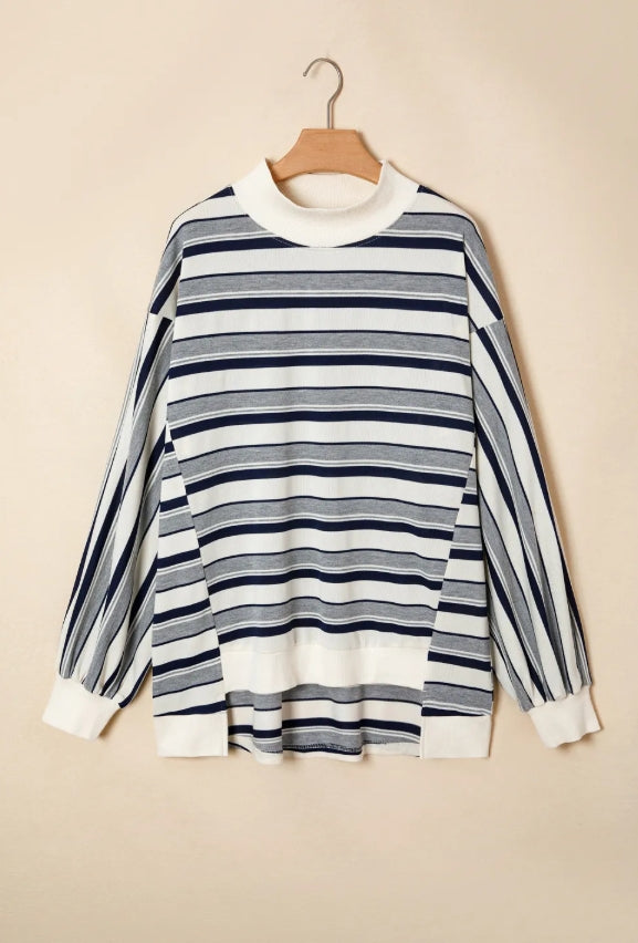 ~PREORDER ~ Blue Stripe Mock Neck Bubble Sleeve Sweatshirt ~PREORDER ~