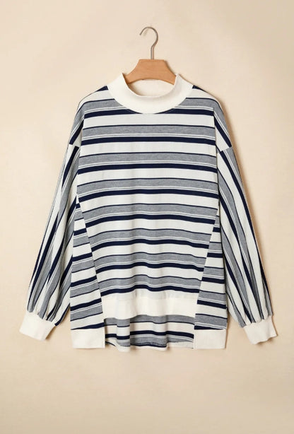 ~PREORDER ~ Blue Stripe Mock Neck Bubble Sleeve Sweatshirt ~PREORDER ~