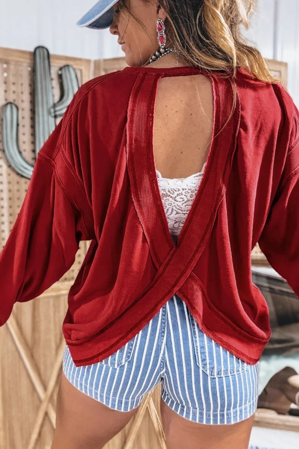 ~PREORDER ~ Red Twist Back Drop Shoulder Sweatshirt ~PREORDER ~