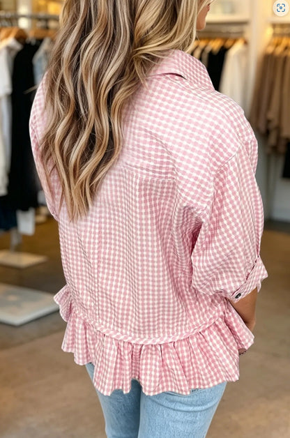 ~PREORDER ~ Pink Gingham Ruffle Hem Button Down Shirt ~PREORDER ~