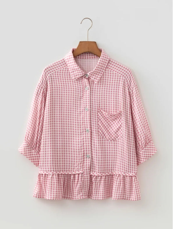 ~PREORDER ~ Pink Gingham Ruffle Hem Button Down Shirt ~PREORDER ~