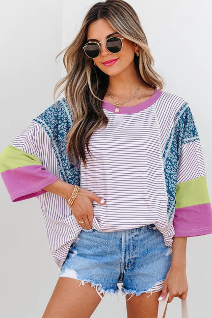 ~PREORDER ~ Purple Stripe Floral Patchwork Bracelet Sleeve Top ~PREORDER ~