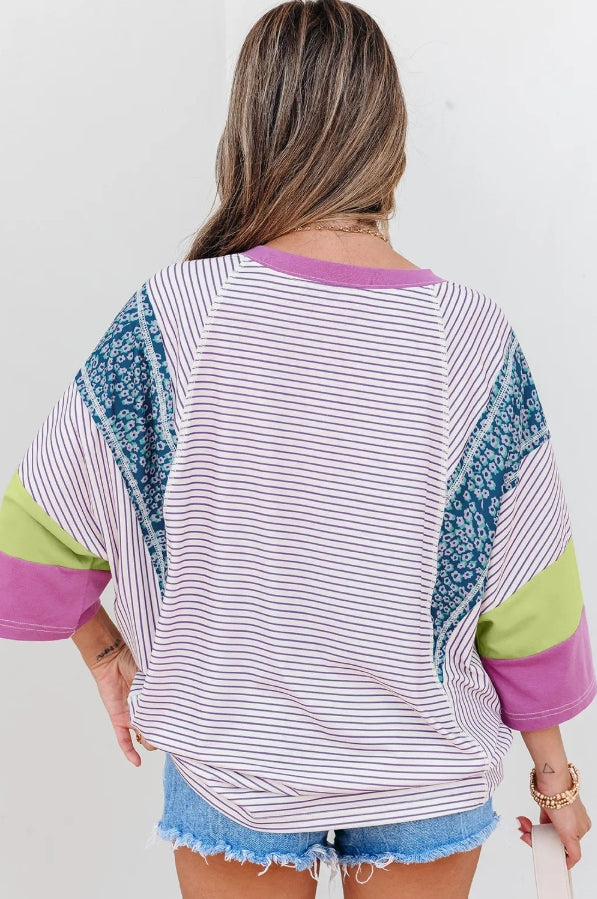 ~PREORDER ~ Purple Stripe Floral Patchwork Bracelet Sleeve Top ~PREORDER ~