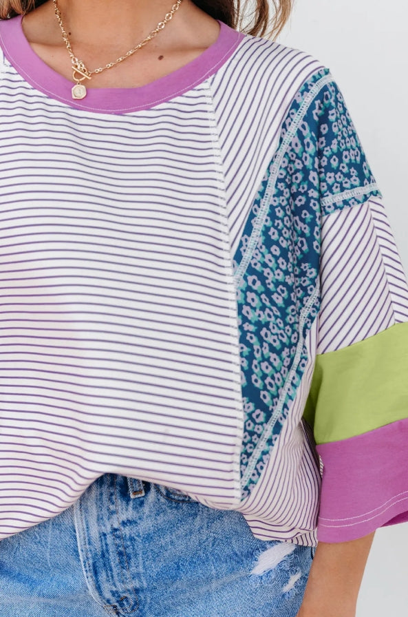 ~PREORDER ~ Purple Stripe Floral Patchwork Bracelet Sleeve Top ~PREORDER ~