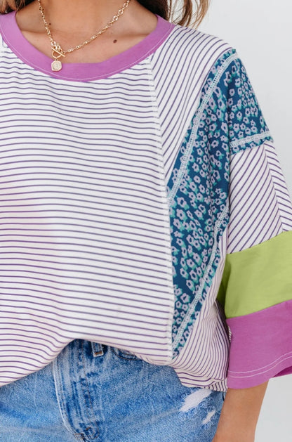 ~PREORDER ~ Purple Stripe Floral Patchwork Bracelet Sleeve Top ~PREORDER ~
