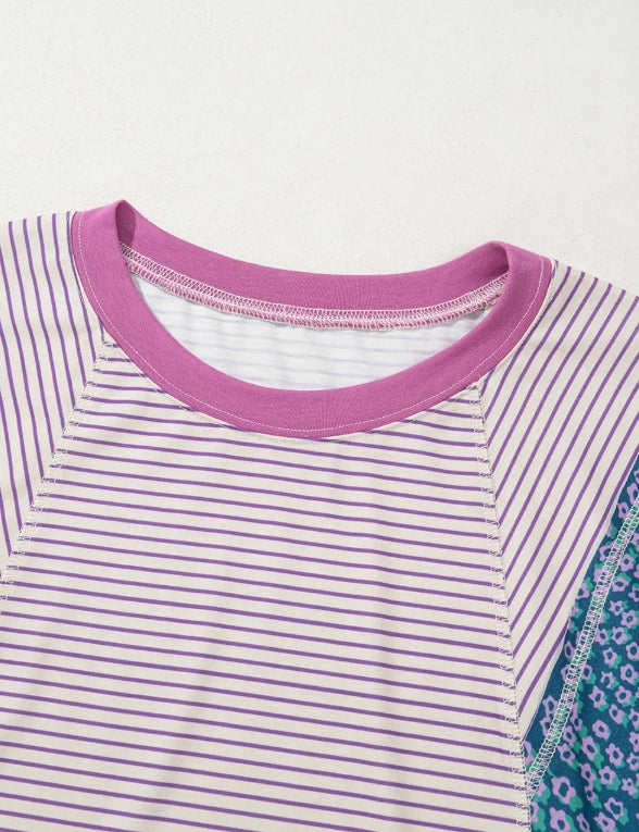 ~PREORDER ~ Purple Stripe Floral Patchwork Bracelet Sleeve Top ~PREORDER ~