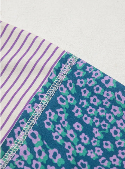 ~PREORDER ~ Purple Stripe Floral Patchwork Bracelet Sleeve Top ~PREORDER ~