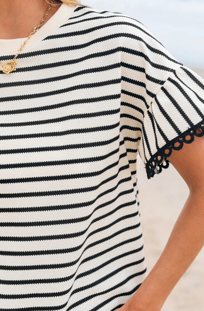 ~PREORDER ~ Black Stripe Scallop Trim Ruffle Sleeve Top ~PREORDER ~