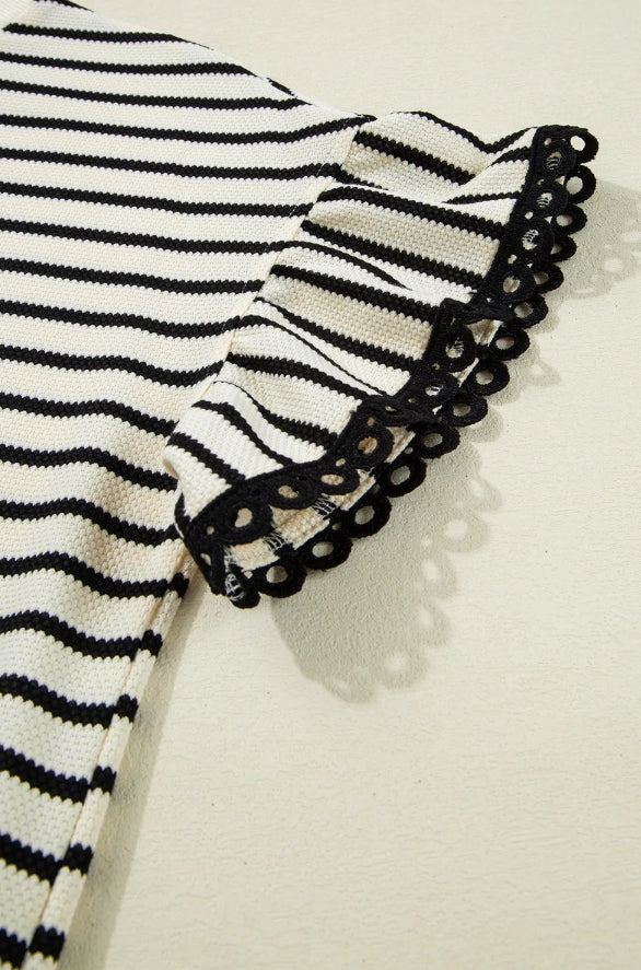 ~PREORDER ~ Black Stripe Scallop Trim Ruffle Sleeve Top ~PREORDER ~