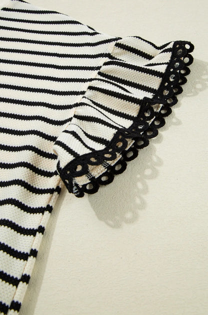 ~PREORDER ~ Black Stripe Scallop Trim Ruffle Sleeve Top ~PREORDER ~