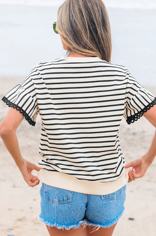 ~PREORDER ~ Black Stripe Scallop Trim Ruffle Sleeve Top ~PREORDER ~