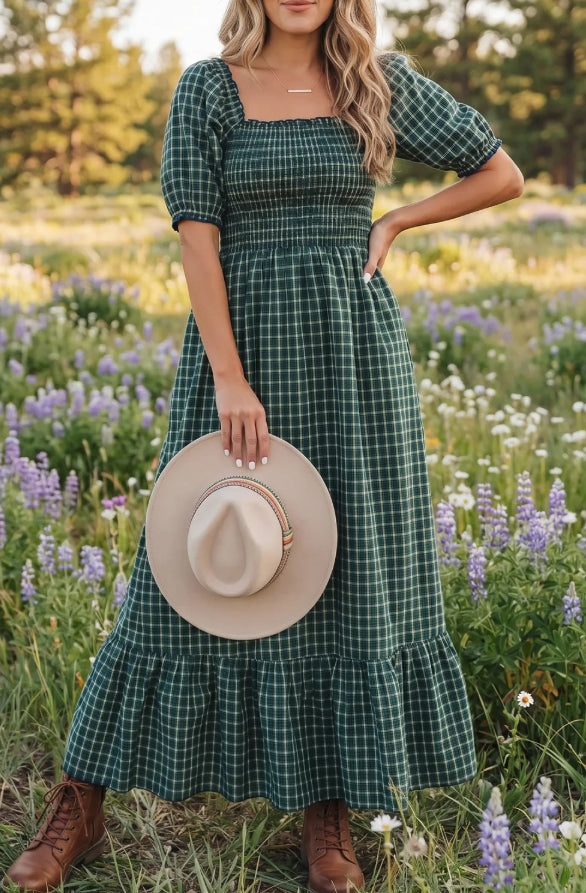 ~PREORDER ~ Green Plaid Shirred Ruffle Hem Midi Dress ~PREORDER ~