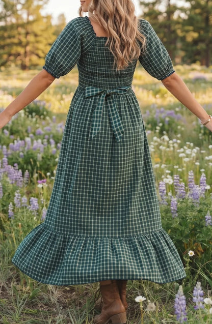 ~PREORDER ~ Green Plaid Shirred Ruffle Hem Midi Dress ~PREORDER ~