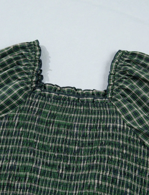 ~PREORDER ~ Green Plaid Shirred Ruffle Hem Midi Dress ~PREORDER ~