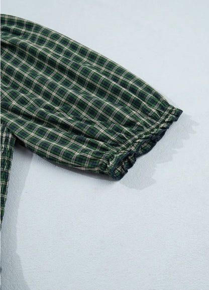 ~PREORDER ~ Green Plaid Shirred Ruffle Hem Midi Dress ~PREORDER ~