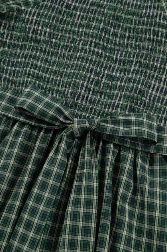 ~PREORDER ~ Green Plaid Shirred Ruffle Hem Midi Dress ~PREORDER ~