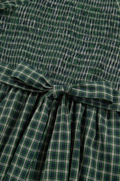 ~PREORDER ~ Green Plaid Shirred Ruffle Hem Midi Dress ~PREORDER ~