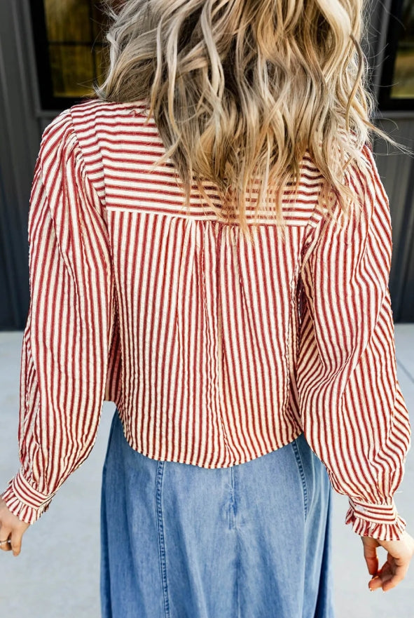 ~PREORDER ~ Red Stripe Ruffle Trim Button-Up Shirt ~PREORDER ~