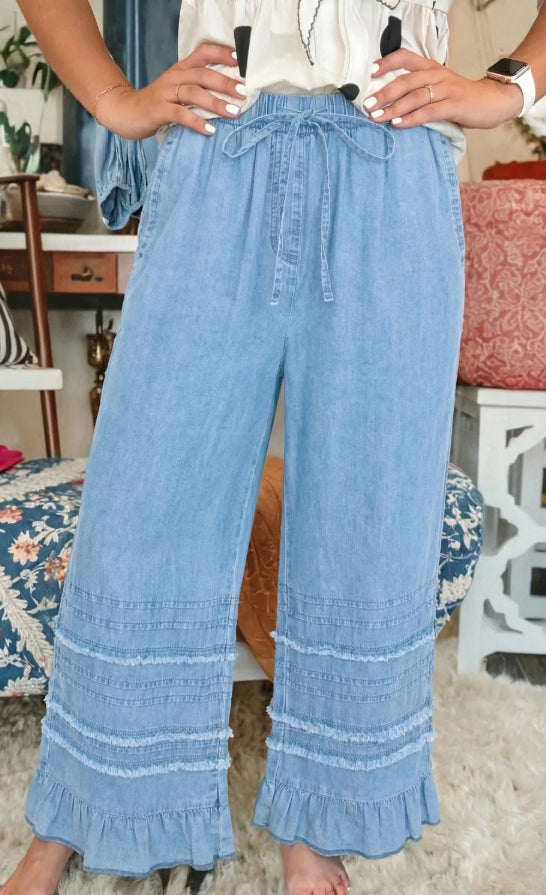 ~PREORDER ~ Beau Blue Ruffle Hem Chambray Wide Leg Pants ~PREORDER ~