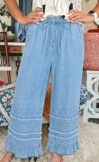 ~PREORDER ~ Beau Blue Ruffle Hem Chambray Wide Leg Pants ~PREORDER ~