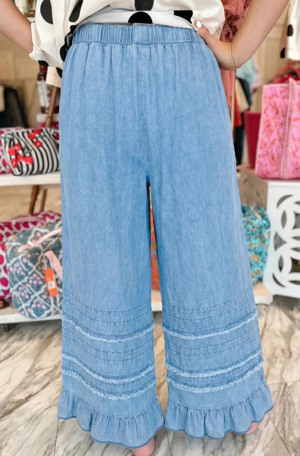 ~PREORDER ~ Beau Blue Ruffle Hem Chambray Wide Leg Pants ~PREORDER ~