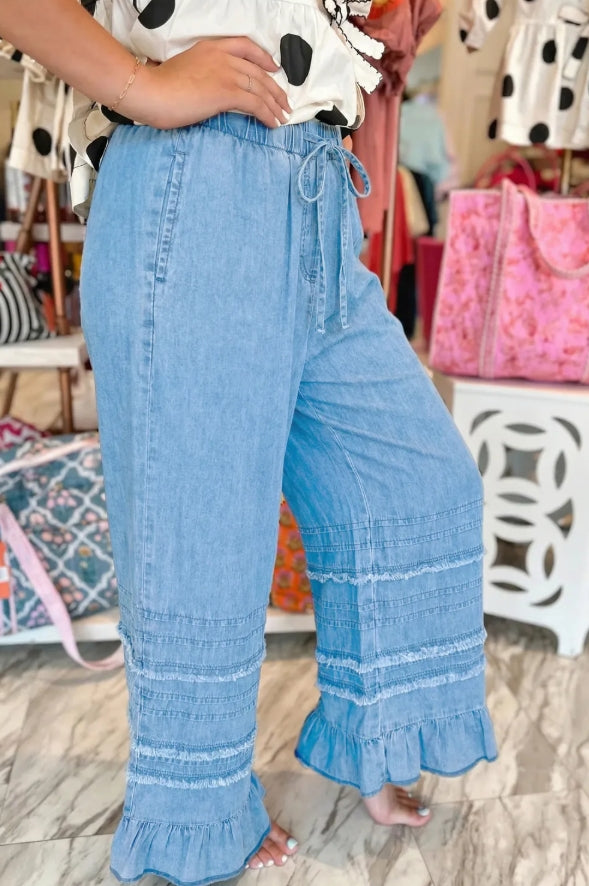 ~PREORDER ~ Beau Blue Ruffle Hem Chambray Wide Leg Pants ~PREORDER ~
