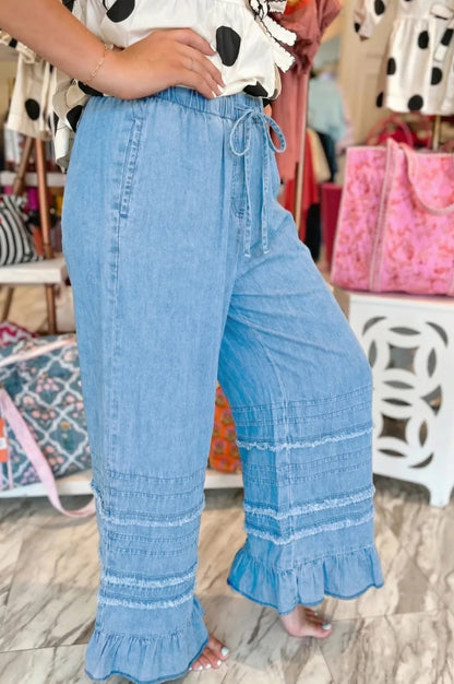 ~PREORDER ~ Beau Blue Ruffle Hem Chambray Wide Leg Pants ~PREORDER ~