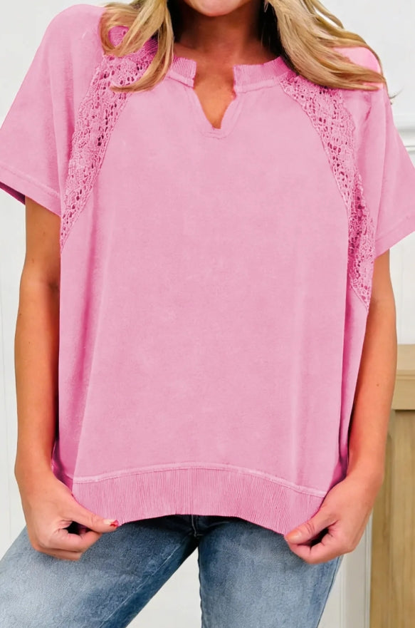 Pink Lace Detail Notch Neck Top | Feminine Short Sleeve Boutique Blouse