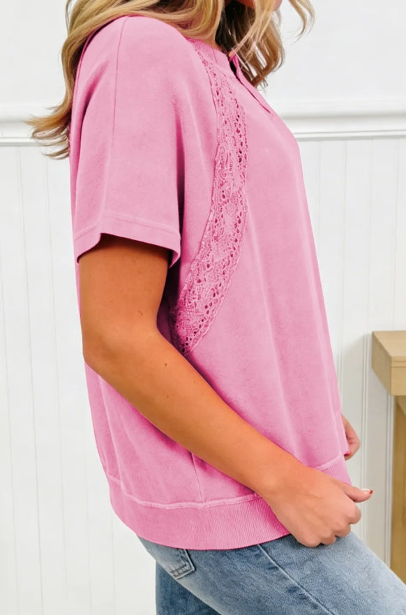 Pink Lace Detail Notch Neck Top | Feminine Short Sleeve Boutique Blouse