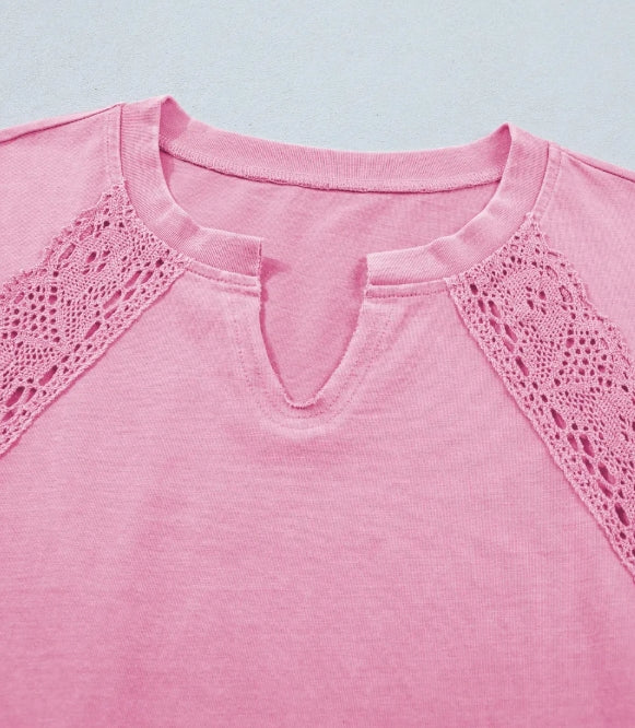 Pink Lace Detail Notch Neck Top | Feminine Short Sleeve Boutique Blouse