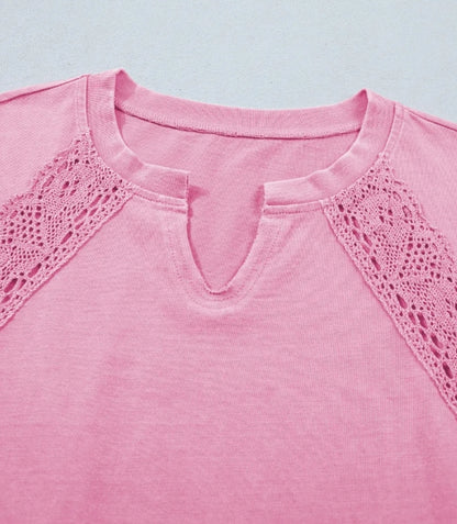 Pink Lace Detail Notch Neck Top | Feminine Short Sleeve Boutique Blouse