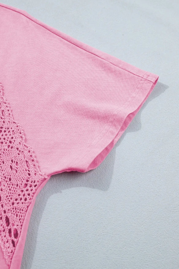 Pink Lace Detail Notch Neck Top | Feminine Short Sleeve Boutique Blouse