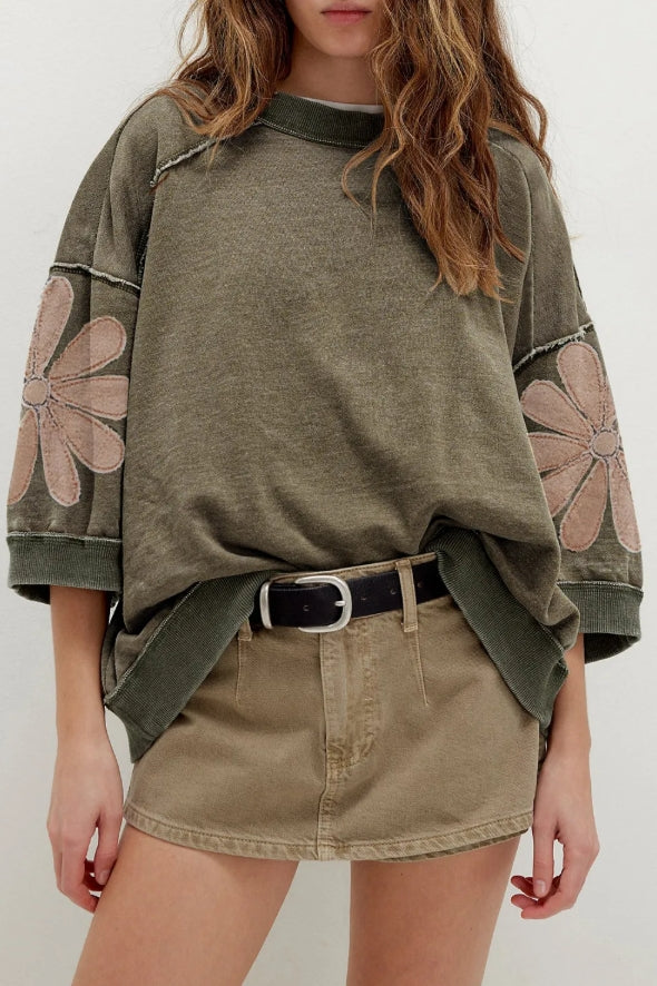 Mineral Washed Daisy Sleeve Top | Olive Floral Oversized Boutique Tee