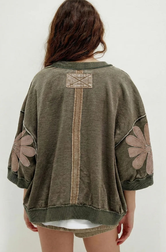 Mineral Washed Daisy Sleeve Top | Olive Floral Oversized Boutique Tee