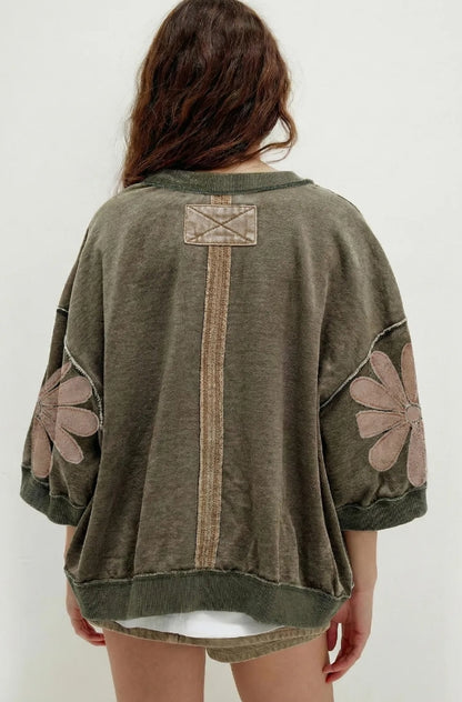 Mineral Washed Daisy Sleeve Top | Olive Floral Oversized Boutique Tee