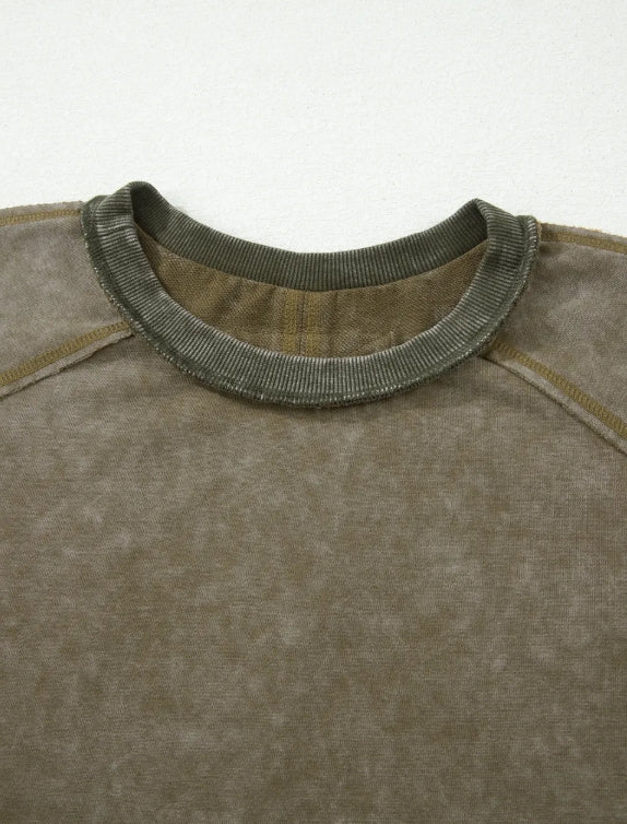 Mineral Washed Daisy Sleeve Top | Olive Floral Oversized Boutique Tee