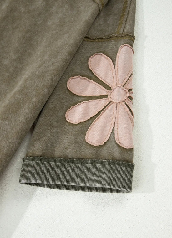 Mineral Washed Daisy Sleeve Top | Olive Floral Oversized Boutique Tee