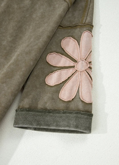 Mineral Washed Daisy Sleeve Top | Olive Floral Oversized Boutique Tee